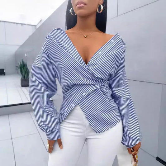 Blouses Chic Shirts Lady Fashion Casual Long Sleeve Turn-down Stripes
