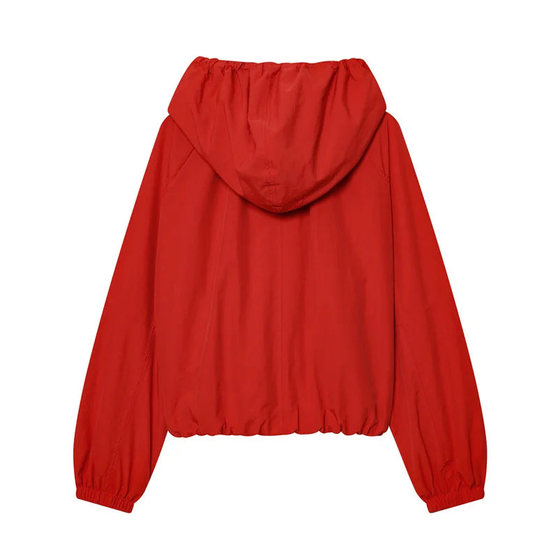 Red Long-Sleeve Drawstring Decorative Festive Hoodie Zipper Cardigan Casual