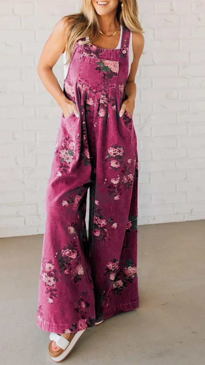 Women Jumpsuits Floral Printed Overalls Square Neck Sleeveless Rompers