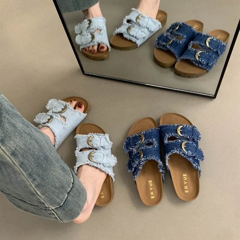 Women's Shoes Flat Slideshow Summer Platform Metal Buckle Beach Luxury  Slippers