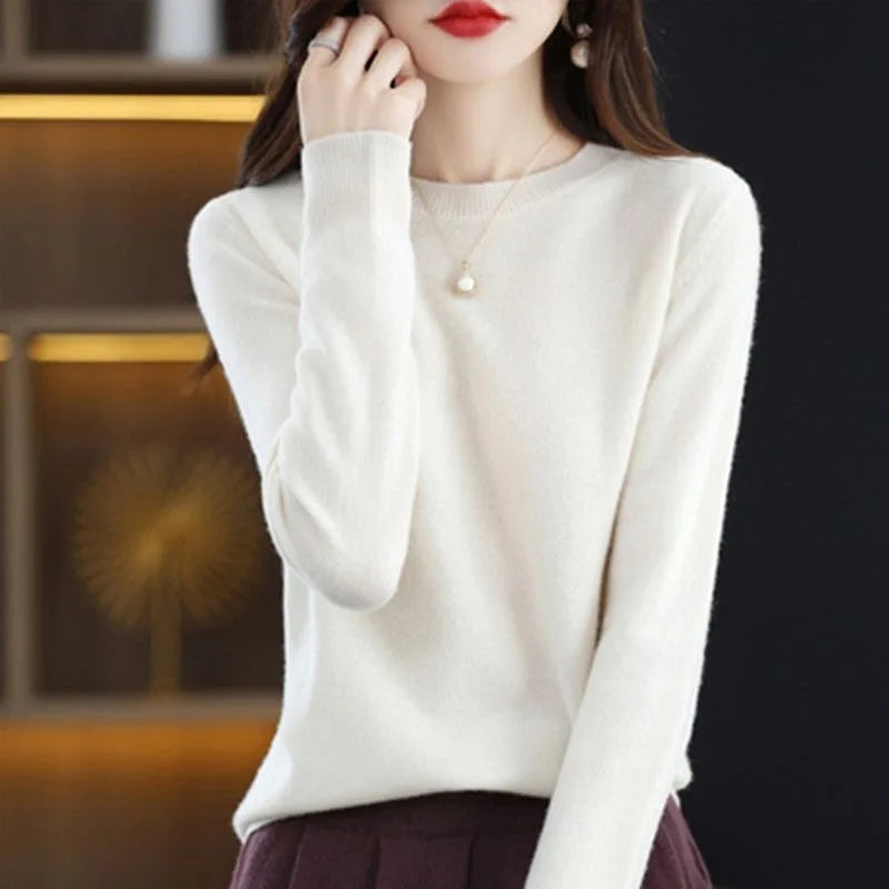 Women Sweater O-neck Long-sleeved Solid Knitwear Bottoming Shirt