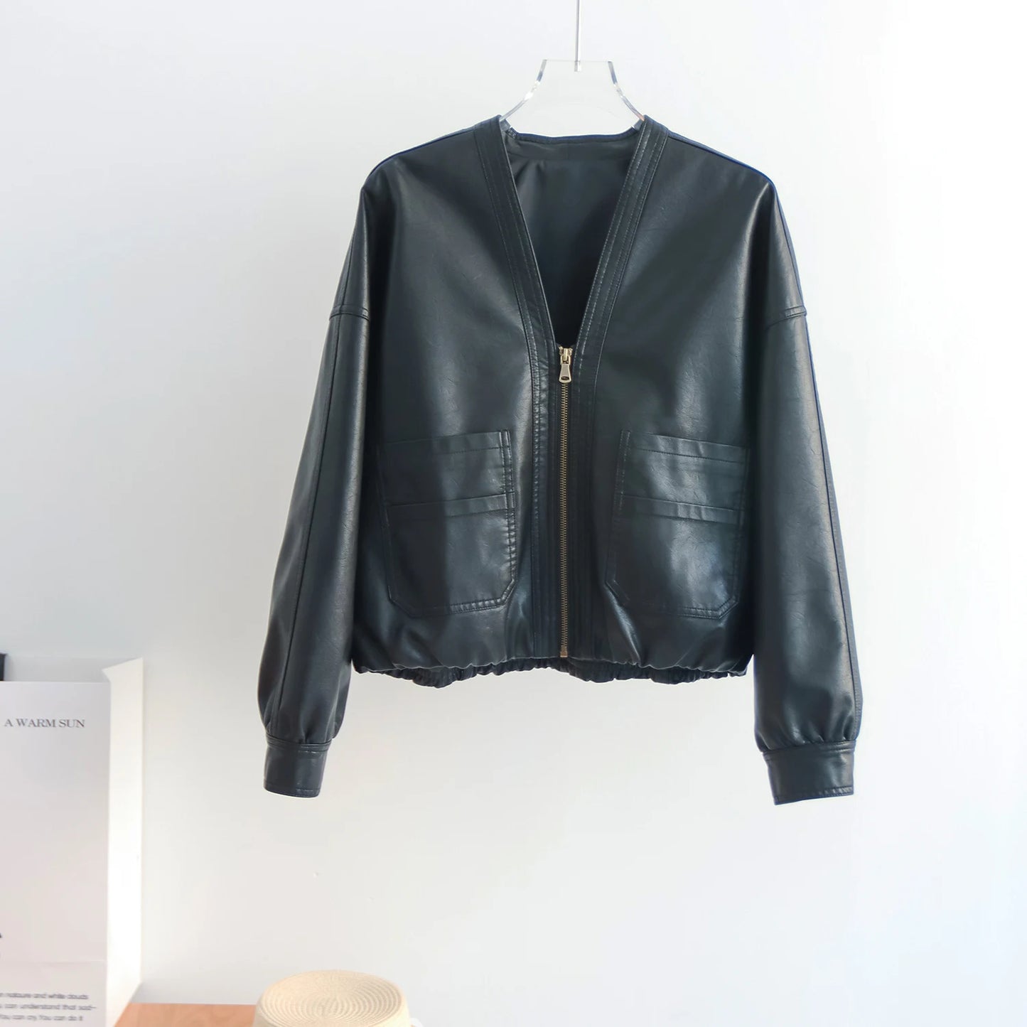 Women’s PU Leather Bomber Jacket — Elastic Hem Faux‑Leather