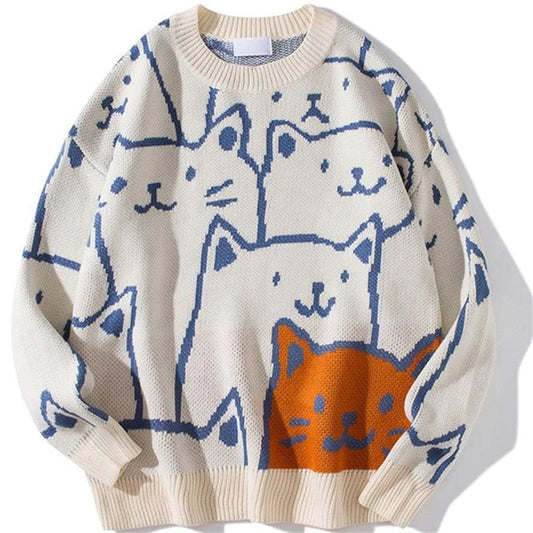 Cartoon Cat Knitted Sweater. Men 's  Jumper Knit Oversized Vintage Sweater