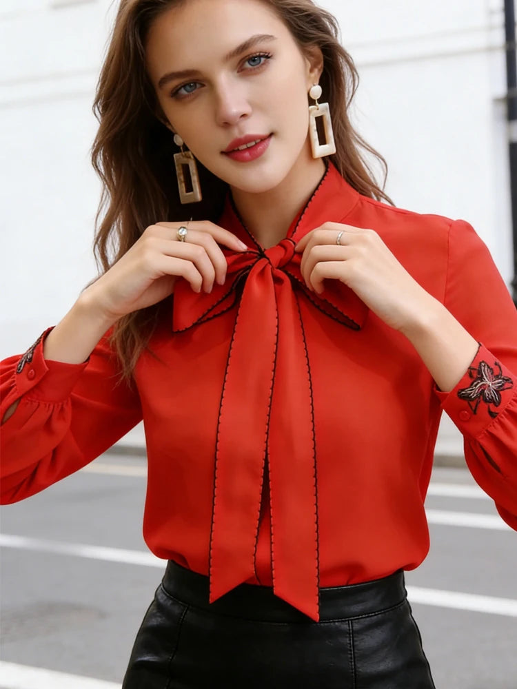 Elegant Office Lady Blouses Casual Women's Top Red Bow Tie Neck Blouse Long Sleeve Chiffon Shirt with Floral Embroidery Cuffs