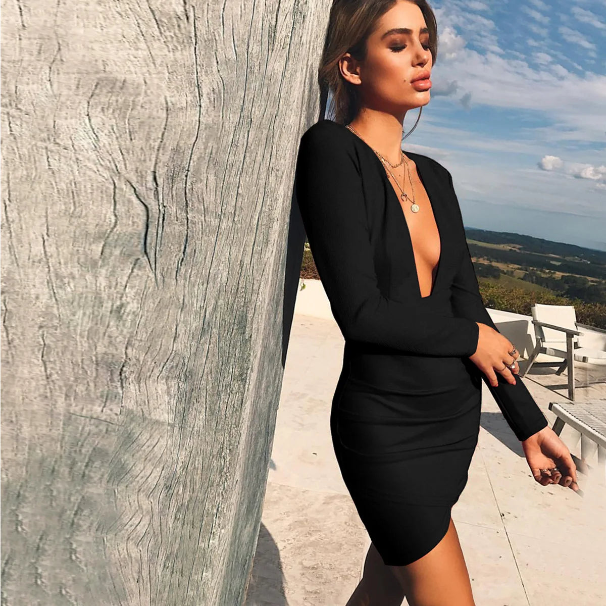 Women Sexy Long Sleeve Solid Color Dress