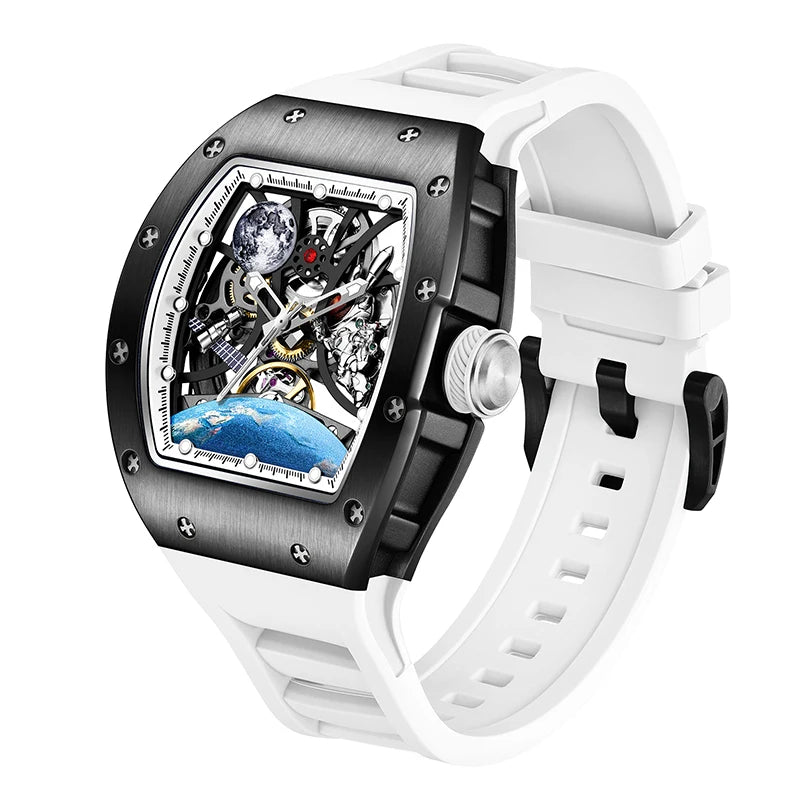 Men's Automatic Watches Tonneau Mechanical Clock Earth Dial Waterproof  Wrist Watch