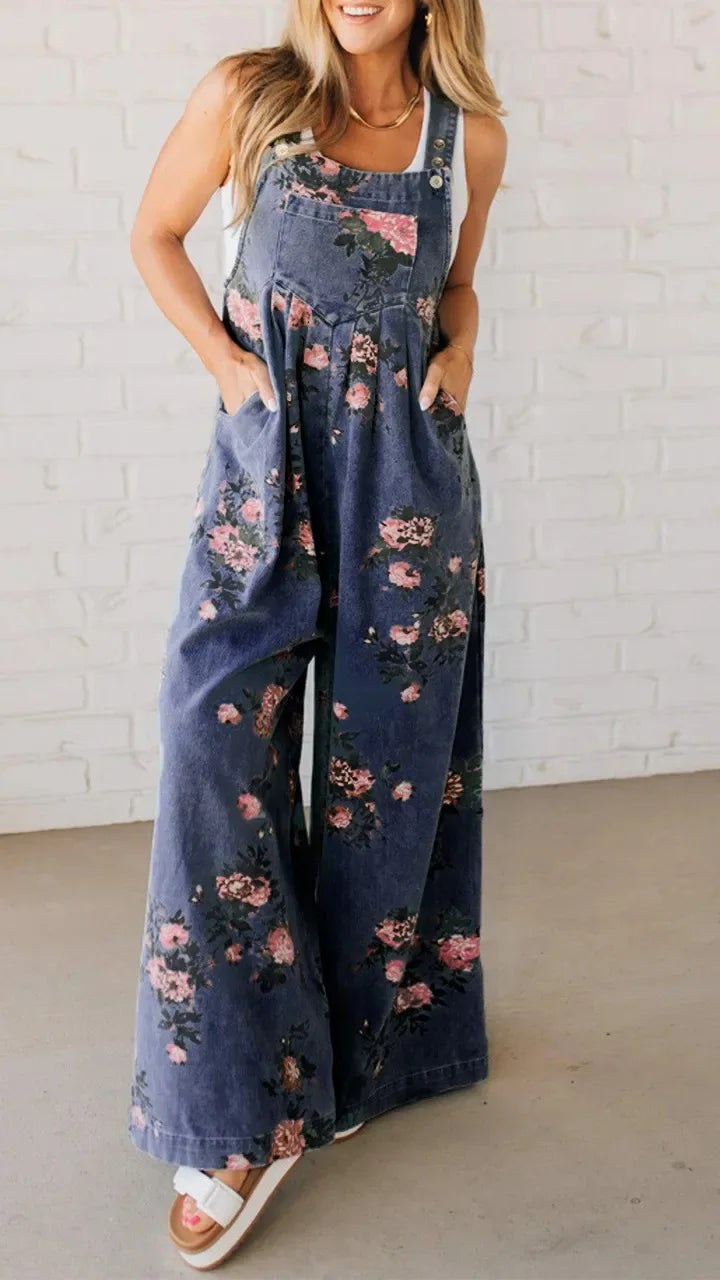 Women Jumpsuits Floral Printed Overalls Square Neck Sleeveless Rompers