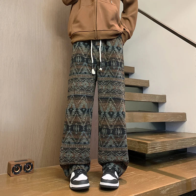 Wide leg pants Men's Vintage Geometric Knitted jacquard pants