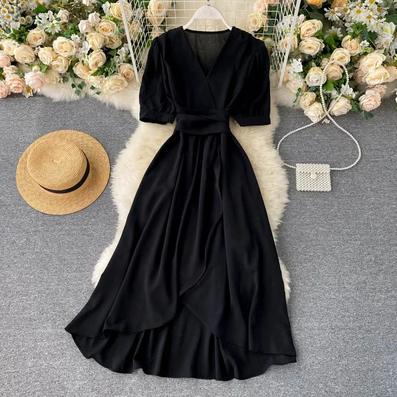 New Temperament V-neck Solid Color Bubble Short-sleeved Dress