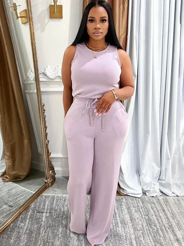 Solid Casual Jumpsuit Sleeveless Drawstring High Waist One Pieces Rompers