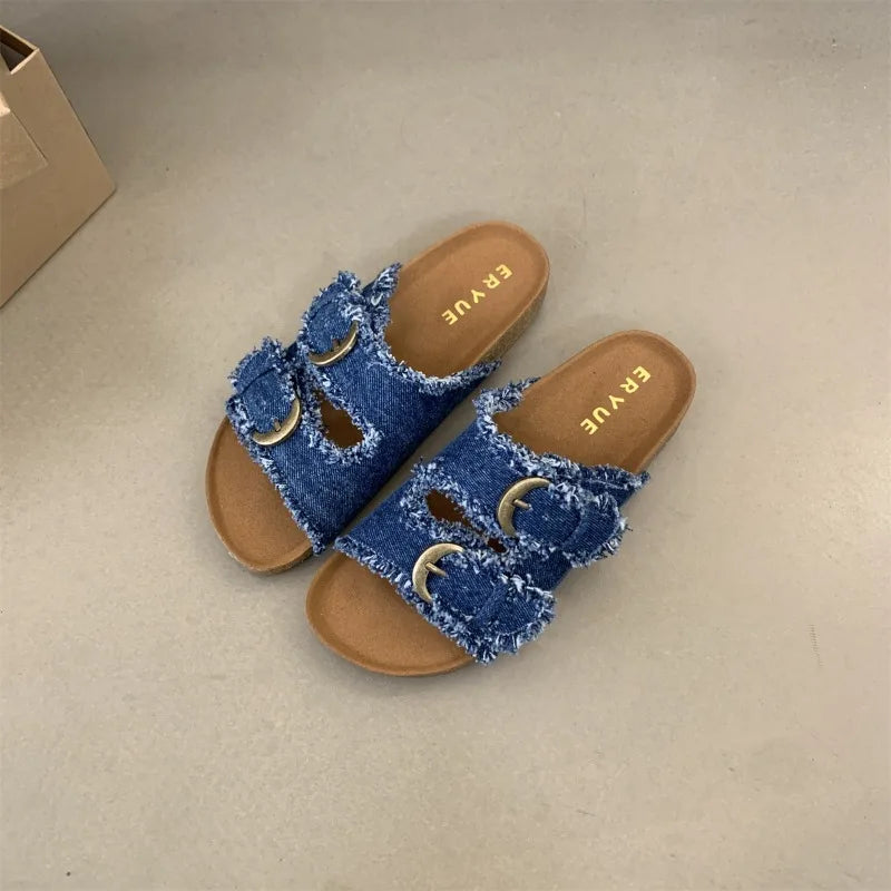 Women's Shoes Flat Slideshow Summer Platform Metal Buckle Beach Luxury  Slippers