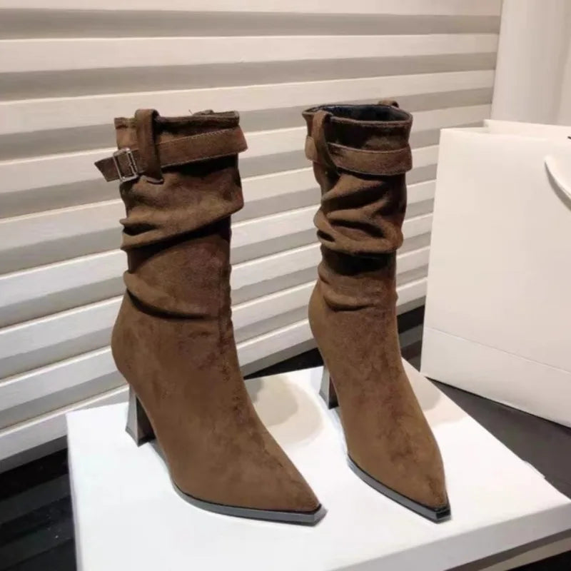 High Heeled Single Boots Women's Fashion Pointed Toe Suede Metal Buckle Anti-slip boots