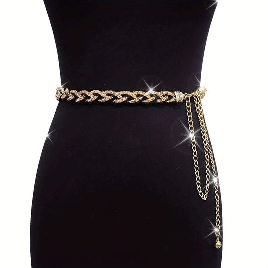 Women's Metal Braided Waist Belt with Tassel Stylish Black & Golden Design