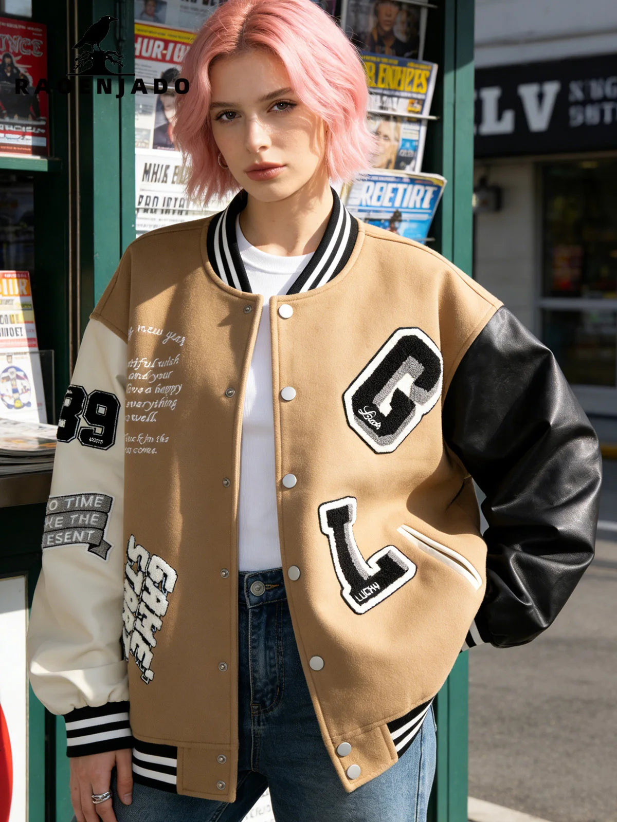 Women's Varsity Jacket Faux Leather Sleeve Baseball Uniform