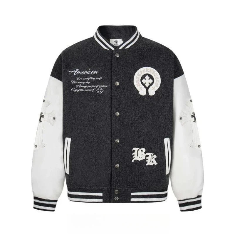 High Street Embroidered Bomber Jacket Men Spliced PU Leather