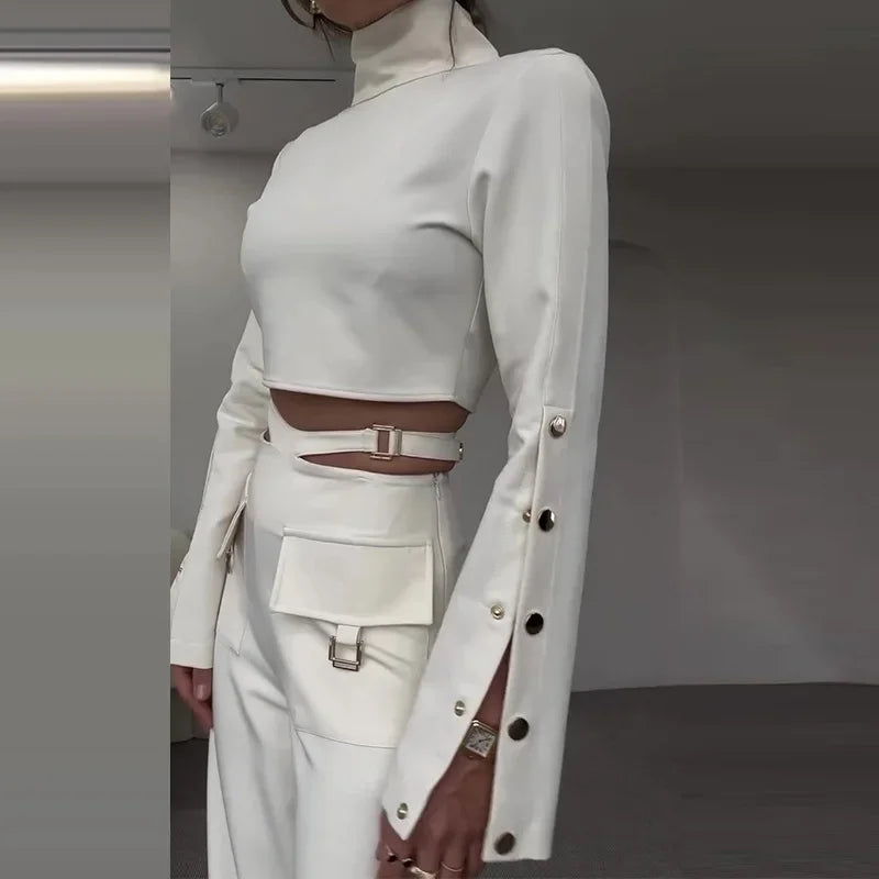 Two Piece Sets Turtleneck Full Sleeve  Sexy Wide Leg  Matching Sets