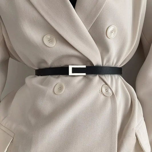 Women Thin Belt Black Gold Silver Metal Buckle Belt