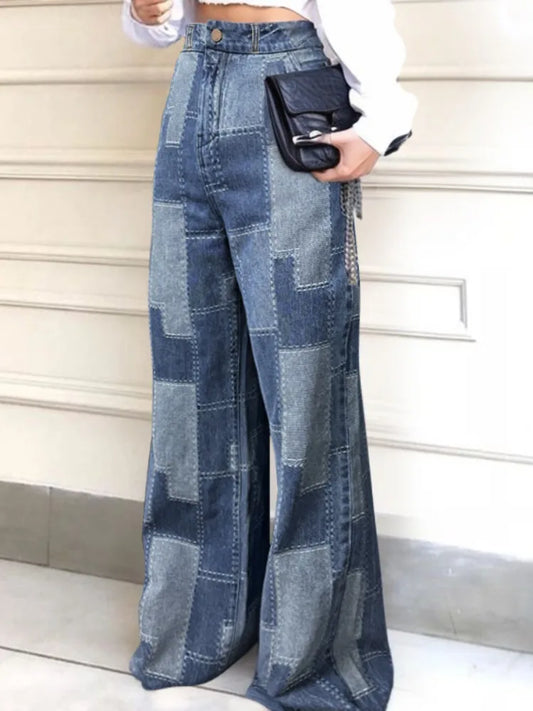 Wide Leg Jeans Two-Tone Blue Patchwork Plaid High Waist Floor-Length Jeans