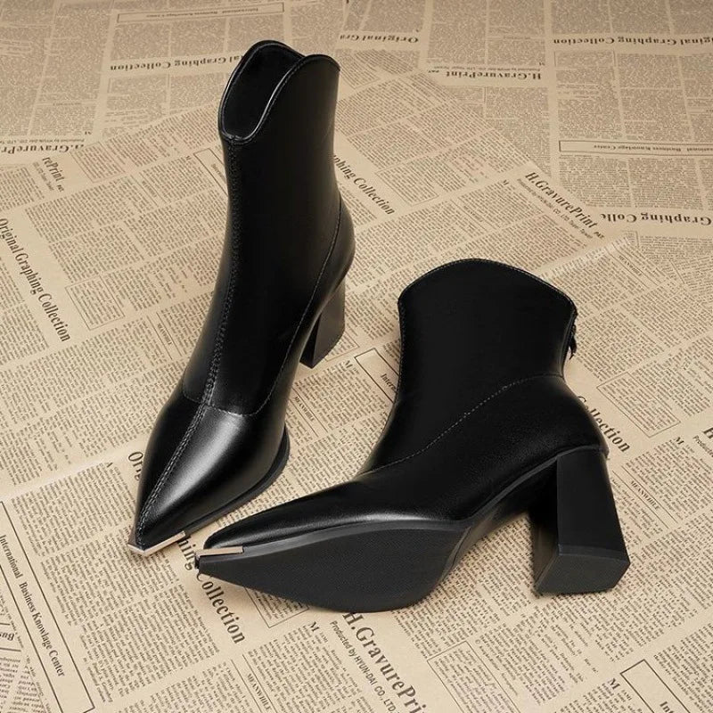 Women's autumn winter thick heeled pointed high-heeled short boots anti slip warm  shoes