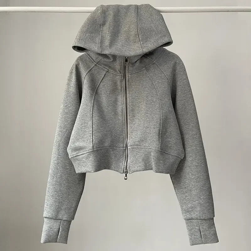 Solid Cropped Fashion Hoodies For Women  Dual Zippers Loose y2k Jackets