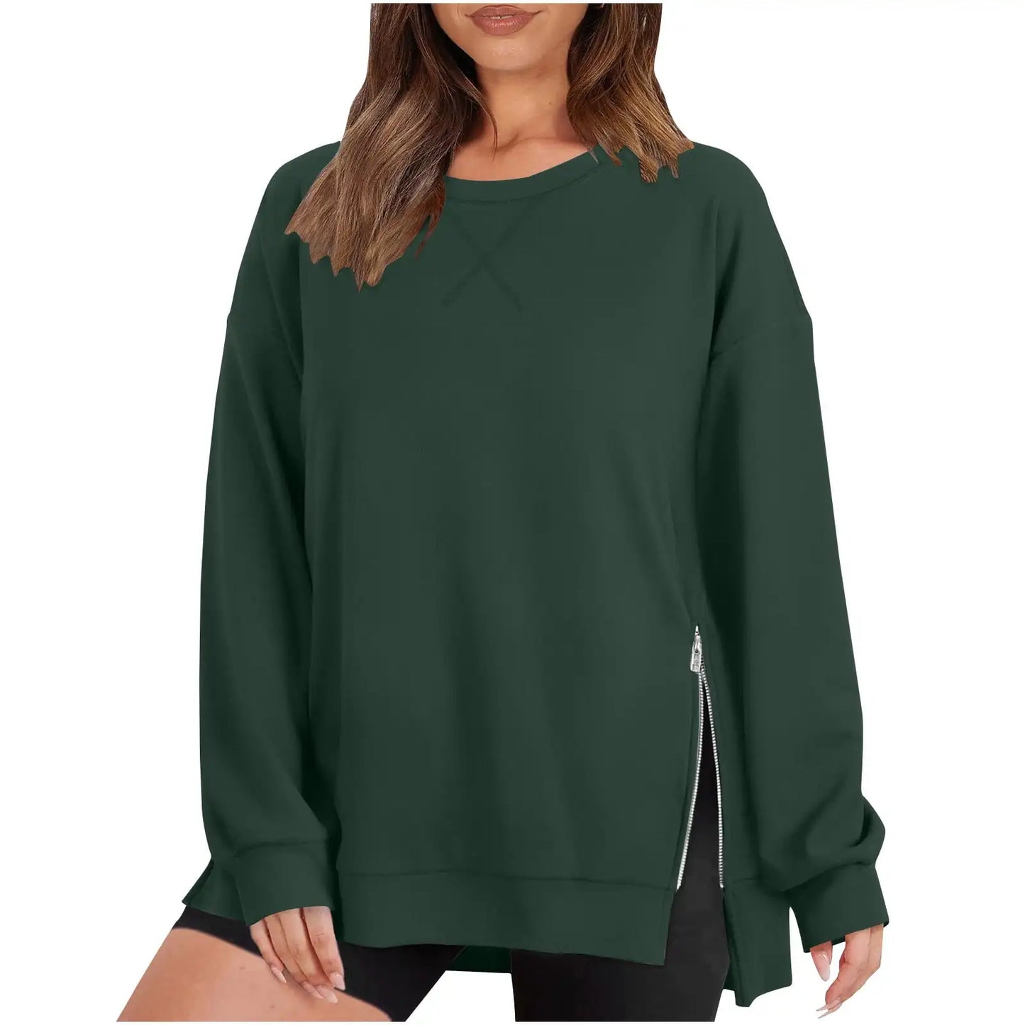 Women's Sweatshirts  Round Neck Drop Shoulder Long Sleeve Zipper Side