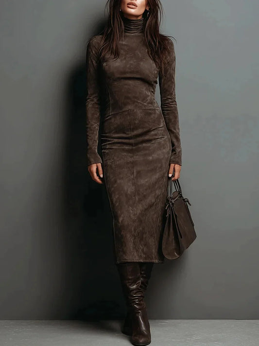 Retro Long Sleeve Turtleneck Suede Leather Vintage Dress