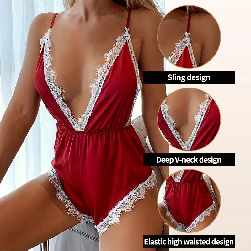 Women's Fashionable New Red Suspender Sleeveless Satin Jumpsuit