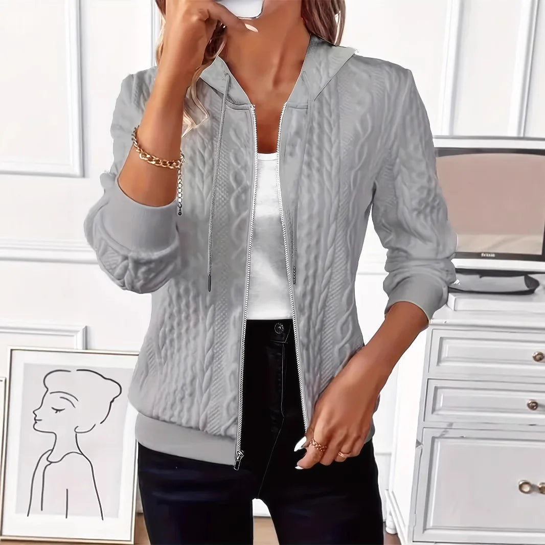 Women's Zipper Hooded Sweatshirt Waist-Cinching Regular Sleeve
