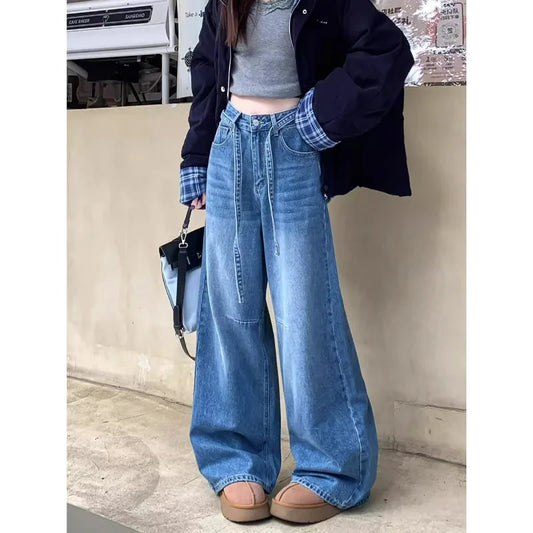 Women's Wide-Leg Jeans High-Waisted with Drawstring Detail Baggy Fit