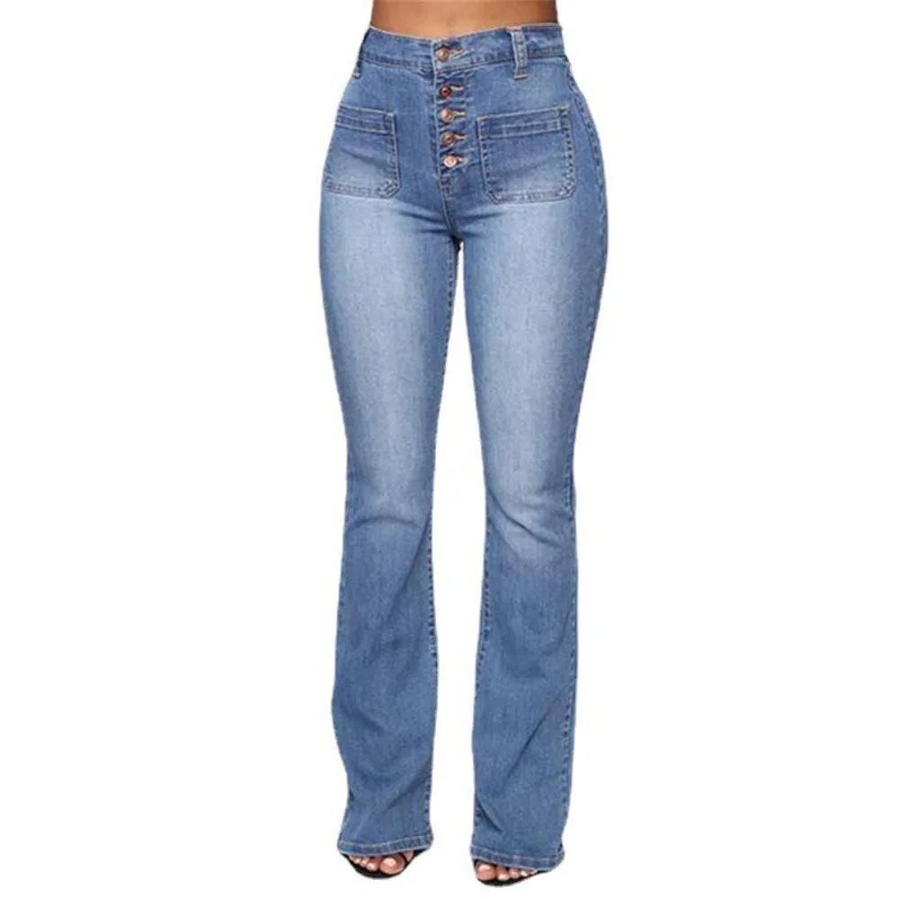 Women‘s Washed Denim Jeans - Button Fly Pants with Classic Patch Pockets