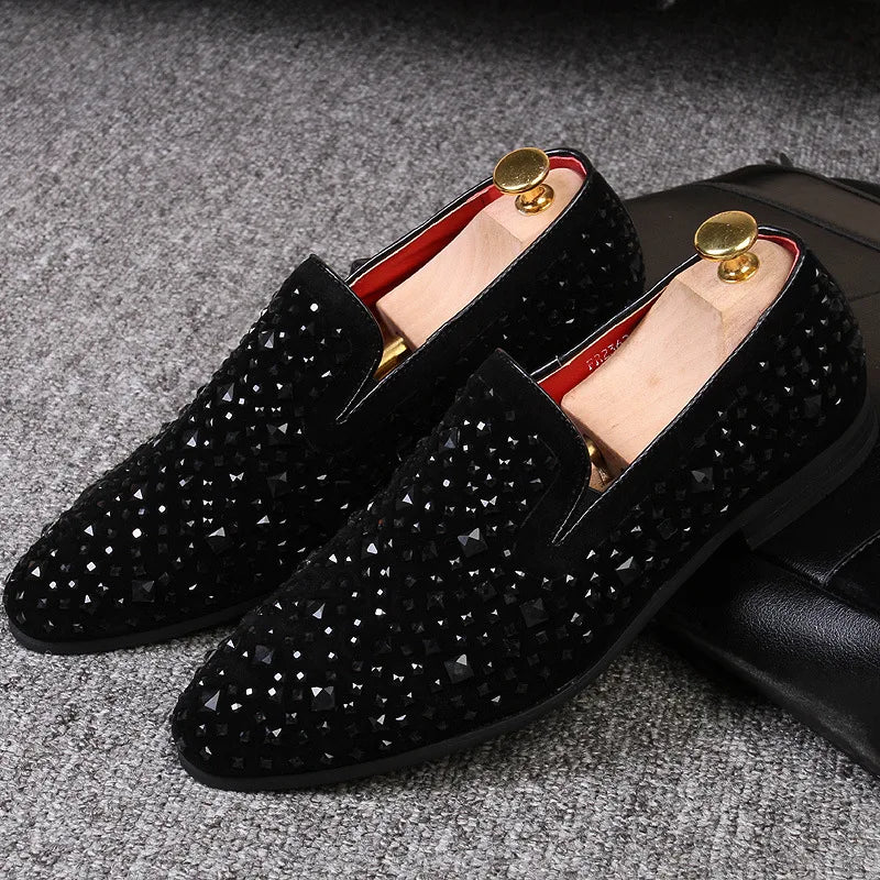 Dress Shoes for Men Luxury Pointed Toe Black Loafers Denim Metal Sequins Shoes