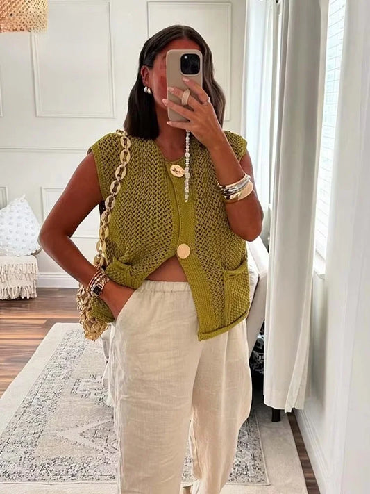 Women Fashion Sleeveless Coarse Needle Knitting Vest Sweater