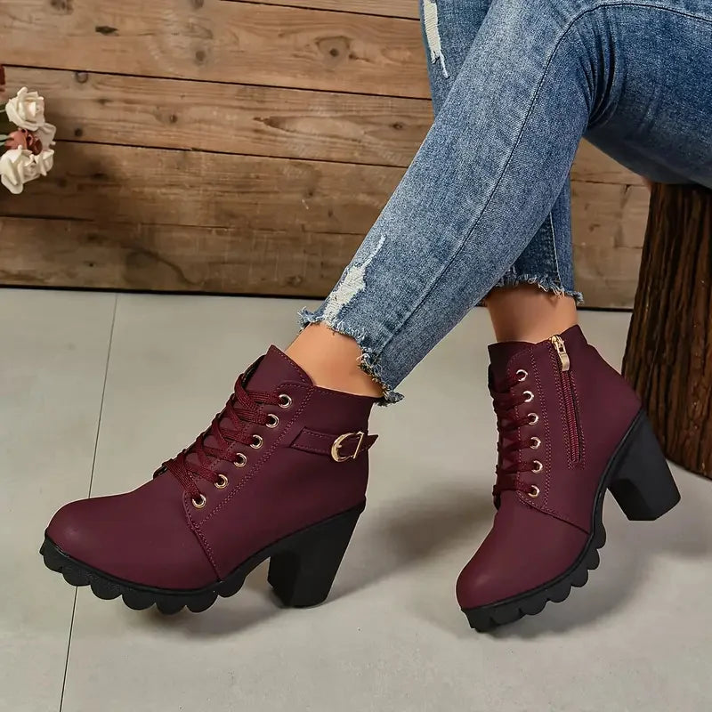 Women Boots Autumn Winter High Quality Boots Lace-up High Heels Shoes