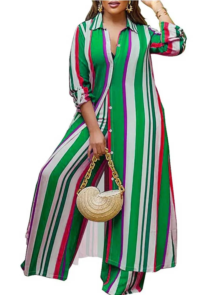 Elegant 2-piece Sets for Women  Long Shirt Blouse Full Sleeve Striped Plus Size Matching Sets