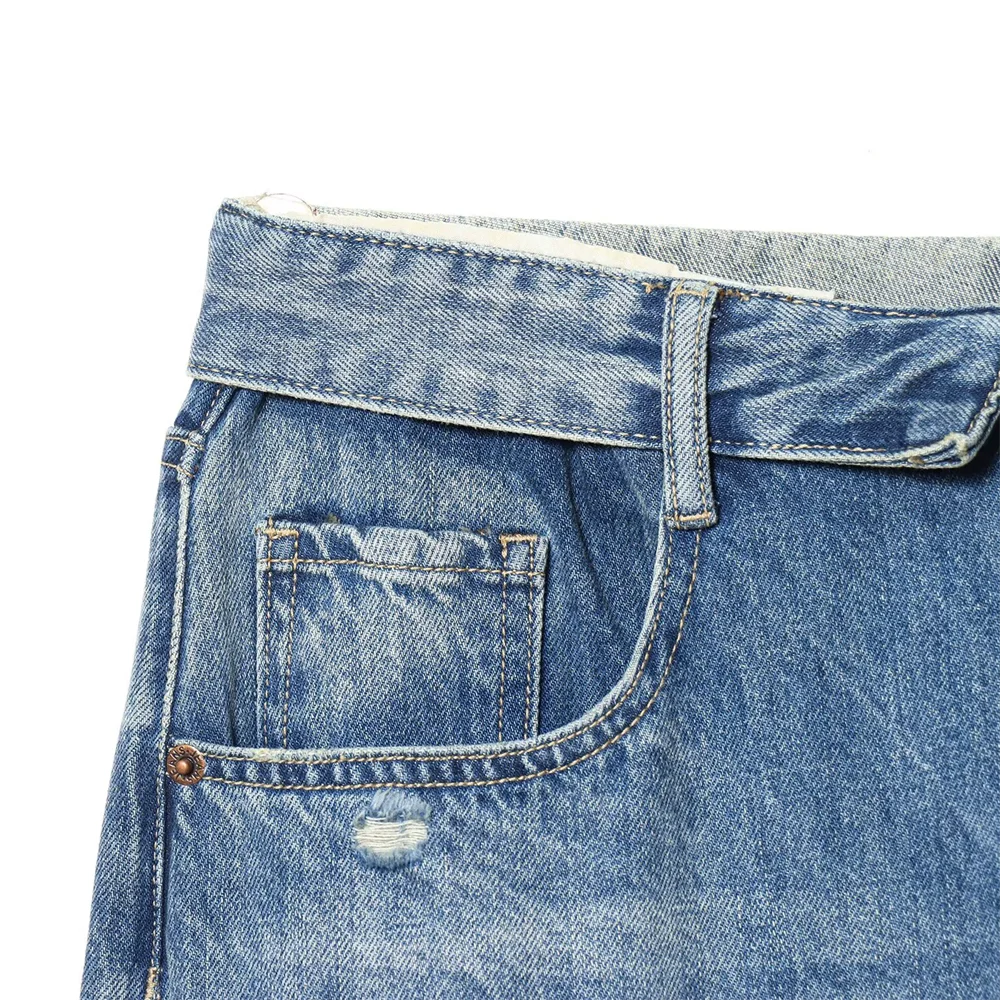 women's clothing  perforated mid waist folding waist jeans