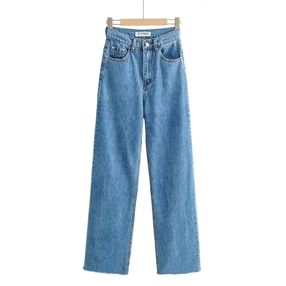 Women's High Waist Jeans Straight Leg Raw Hem Floor-Length Vintage