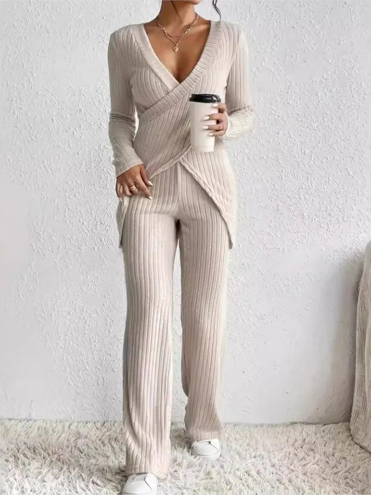 Women's Casual Solid  Long Sleeve V Neck Slim Tops+High Waist Pants 2 Pieces Set