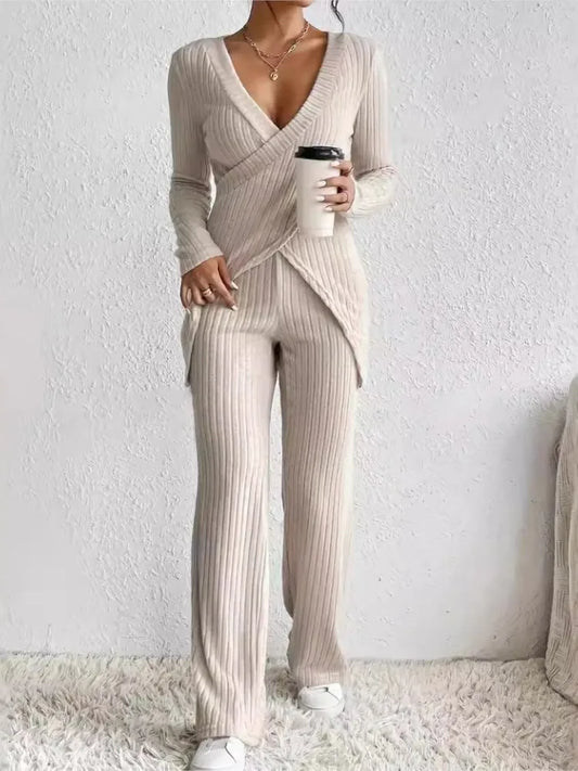 Women's Casual Solid  Long Sleeve V Neck Slim Tops+High Waist Pants 2 Pieces Set