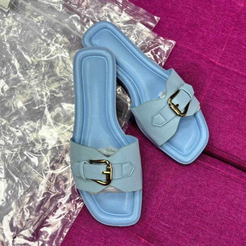 Flat Slides for Women Metal Buckle Strap Slippers