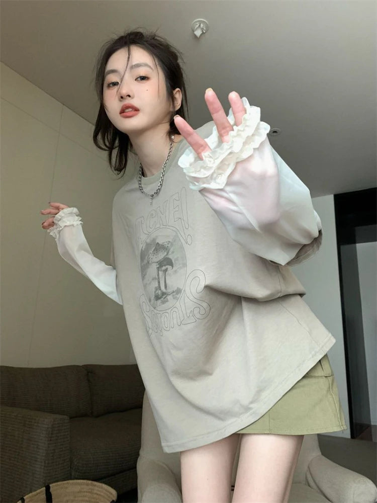 Print Grey Graphic Loose Women's T Shirts