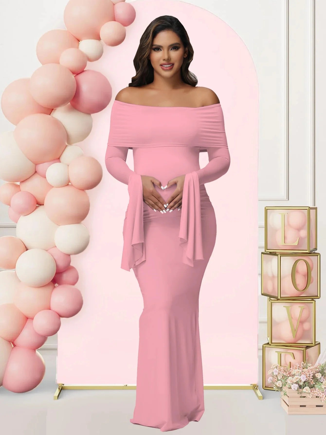 Women Maternity Off Shoulder Long Sleeve Bodycon Pregnancy  Gown