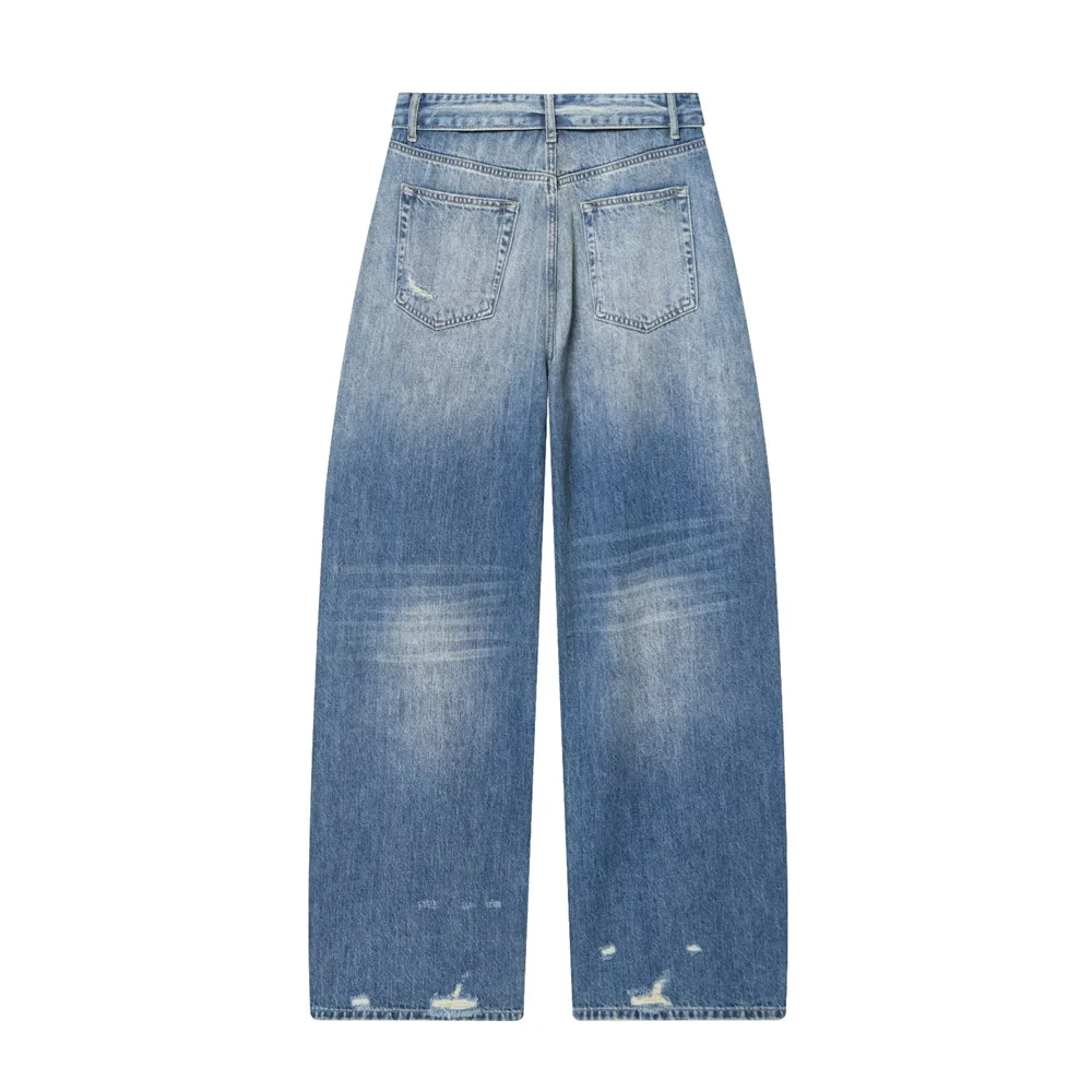 women's clothing  perforated mid waist folding waist jeans