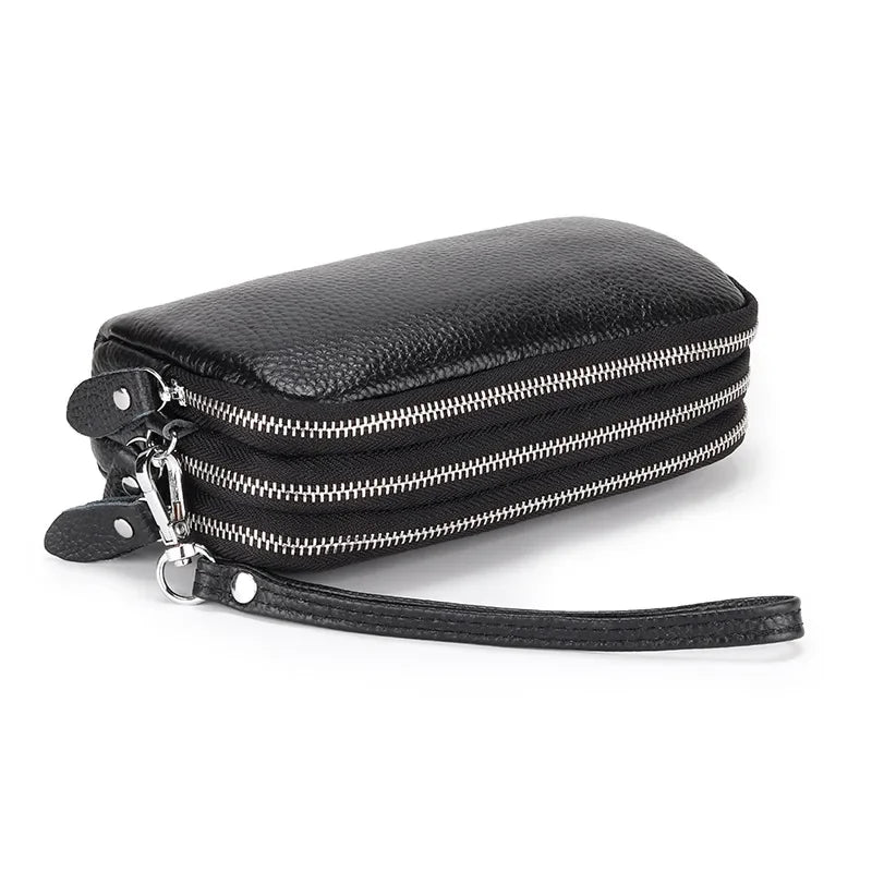 Women Long Wallet Genuine Leather 3-Layer Zipper Purse Bag