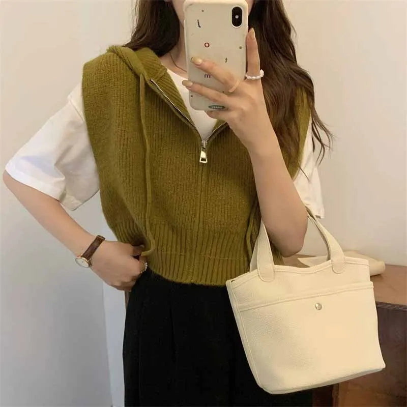 Women's Cropped Knitted Waistcoat All-Match Sleeveless Knitwear Tops