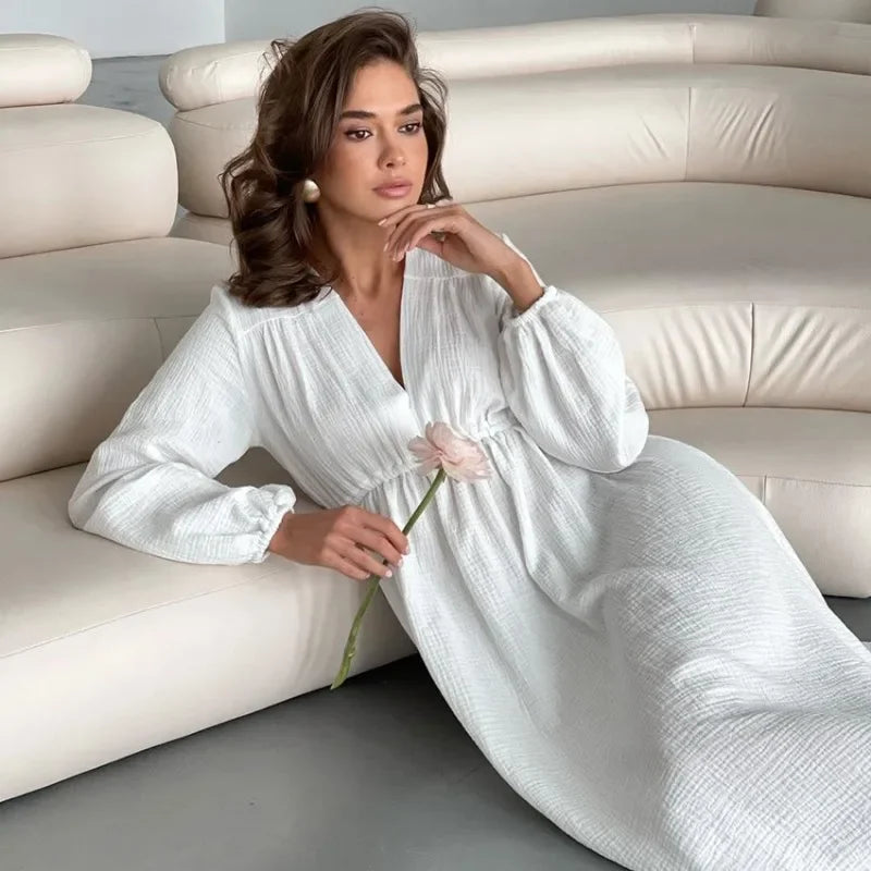 Muslin Long Sleeve V-neck Casual  Robes