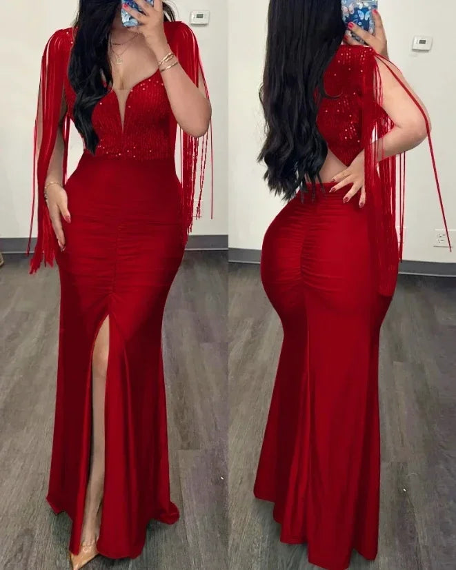 Sexy Party Glamorous Contrast Sequin Ruched Slit  Dress