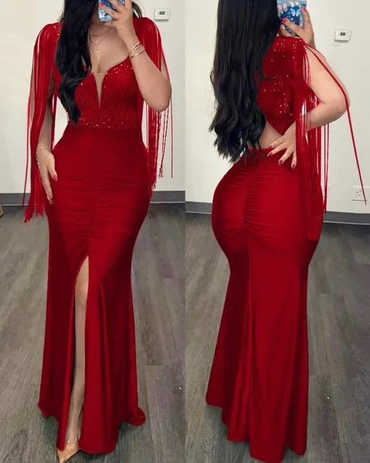 Sexy Party Glamorous Contrast Sequin Ruched Slit  Dress