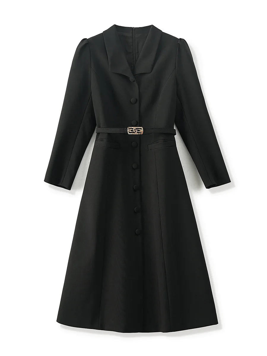 Women's Turn-down Collar Sleeves Single Breasted Sashes Dress