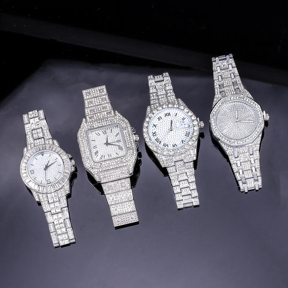 5Pcs Silver HipHop Watch Set Ice Flash Men Women