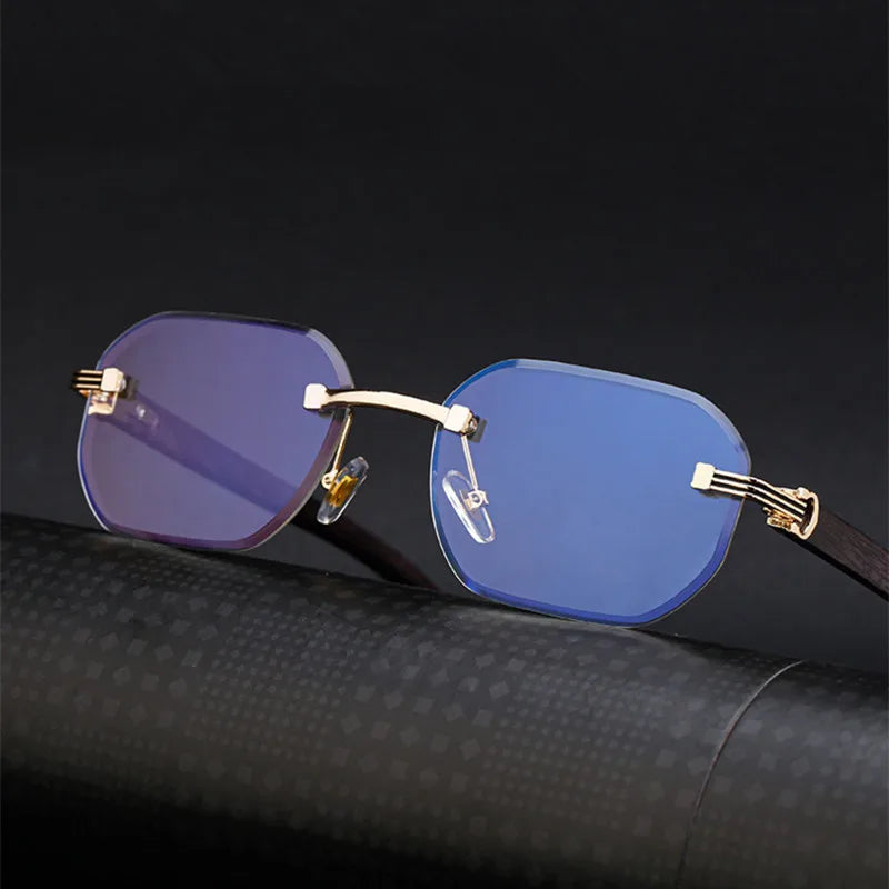 Trendy Rimless Sunglasses for Men Women Frameless Rectangle Wood Frame Sun Glasses